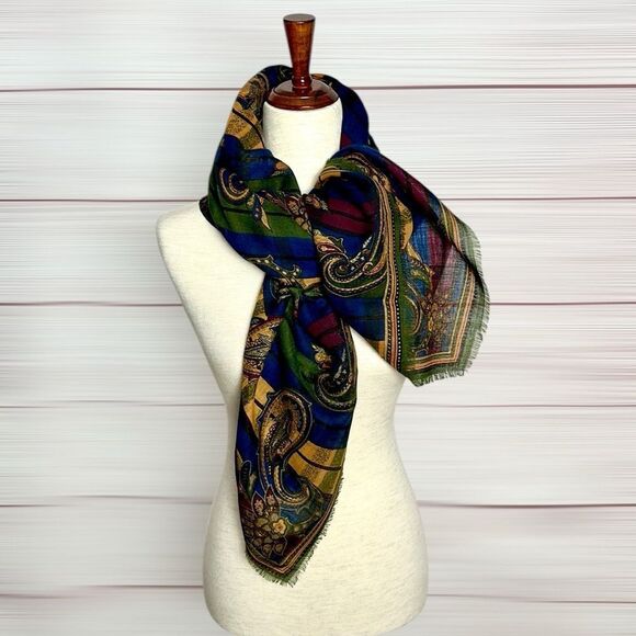 Albert Nipon Wool Square Scarf Shawl Green Blue Yellow Paisley 44x44” Vtg - Picture 6 of 11